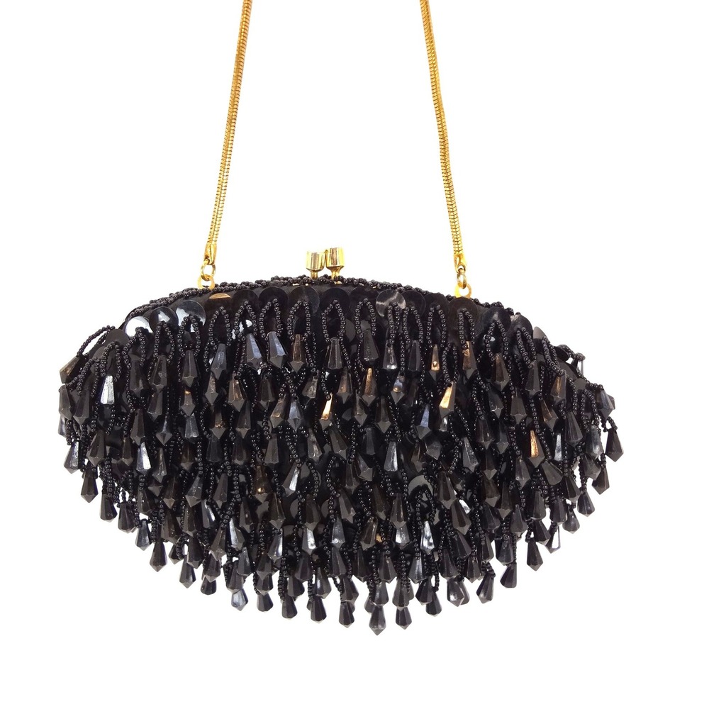 Black Beaded Evening Clutch with Gold Chain